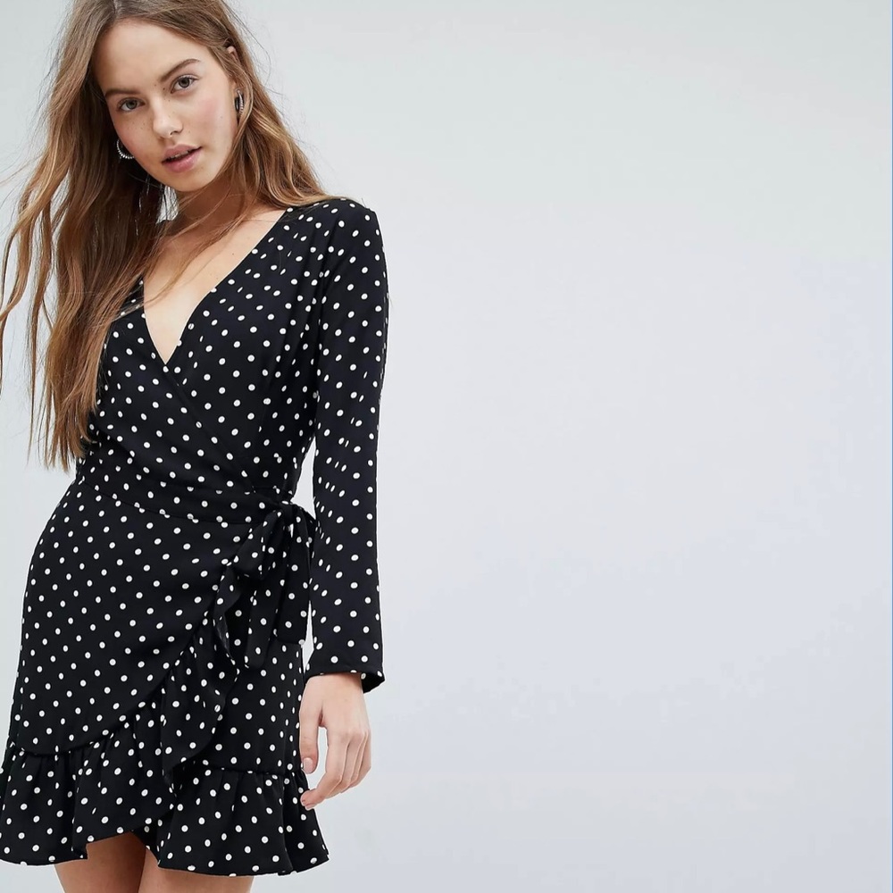 ASOS Bershka Polka Dot Long Sleeve Mini Wrap Dress